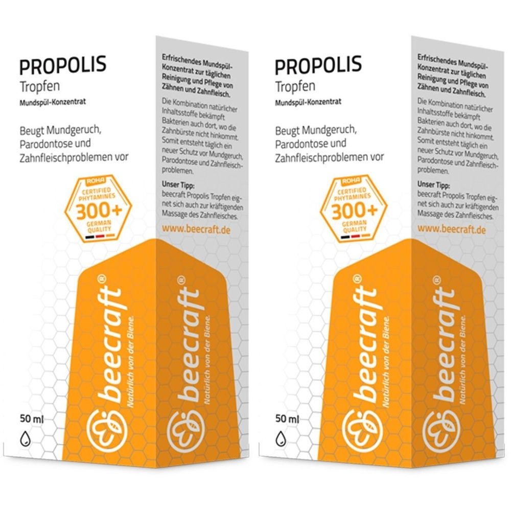 Zwei Packungen beecraft® Propolis Tropfen Mundspül-Konzentrat. Weiße Verpackung mit gelben Akzenten. Aufdruck: Propolis, 50 ml, Zertifizierung.