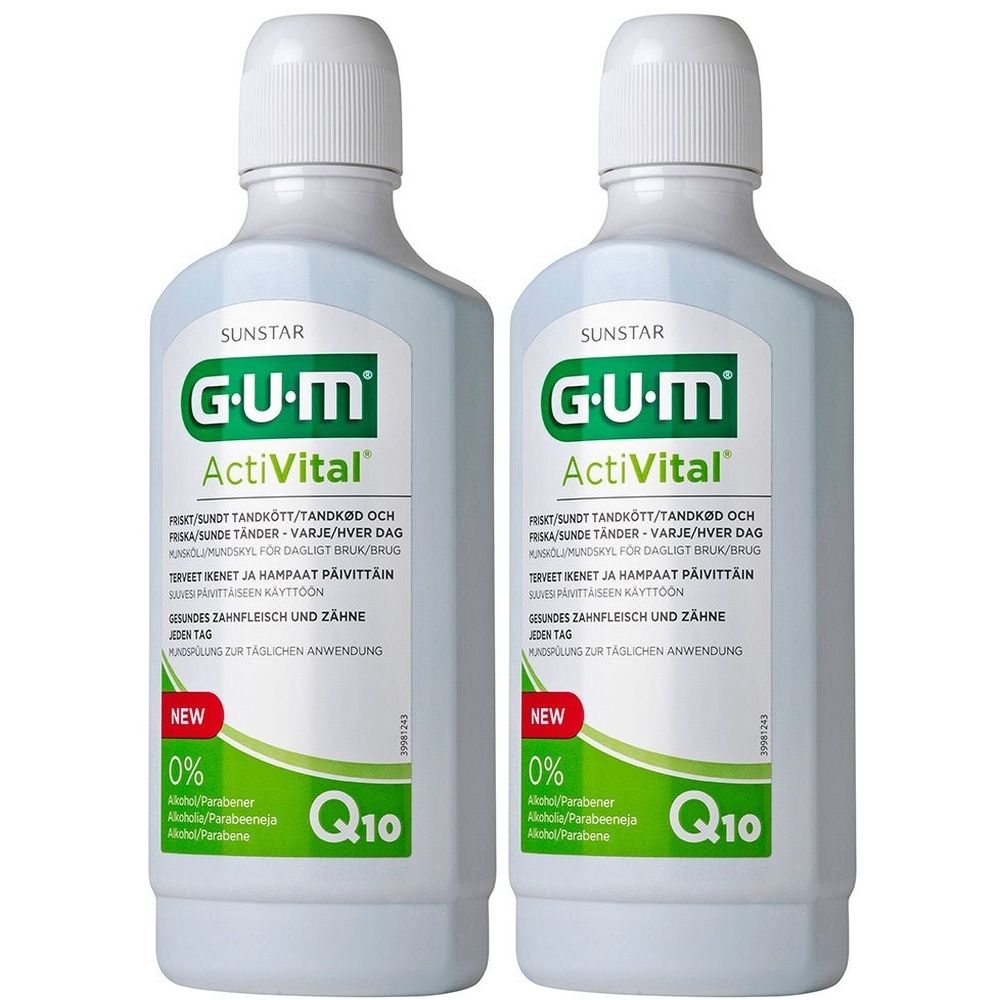 Zwei Flaschen GUM ActiVital Mundspülung. Weiße Flaschen mit grünen Etiketten. Aufschrift: GUM, ActiVital, Q10, 0% Alkohol.