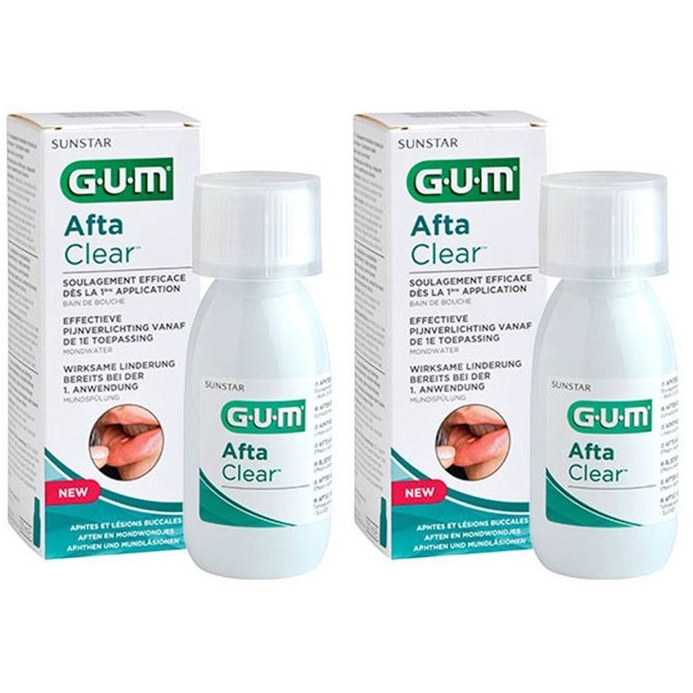 Zwei Flaschen und Verpackungen. Aufschrift: GUM Afta Clear. Weiße Flaschen mit weißer Kappe. Verpackung mit Produktnamen und Logo.