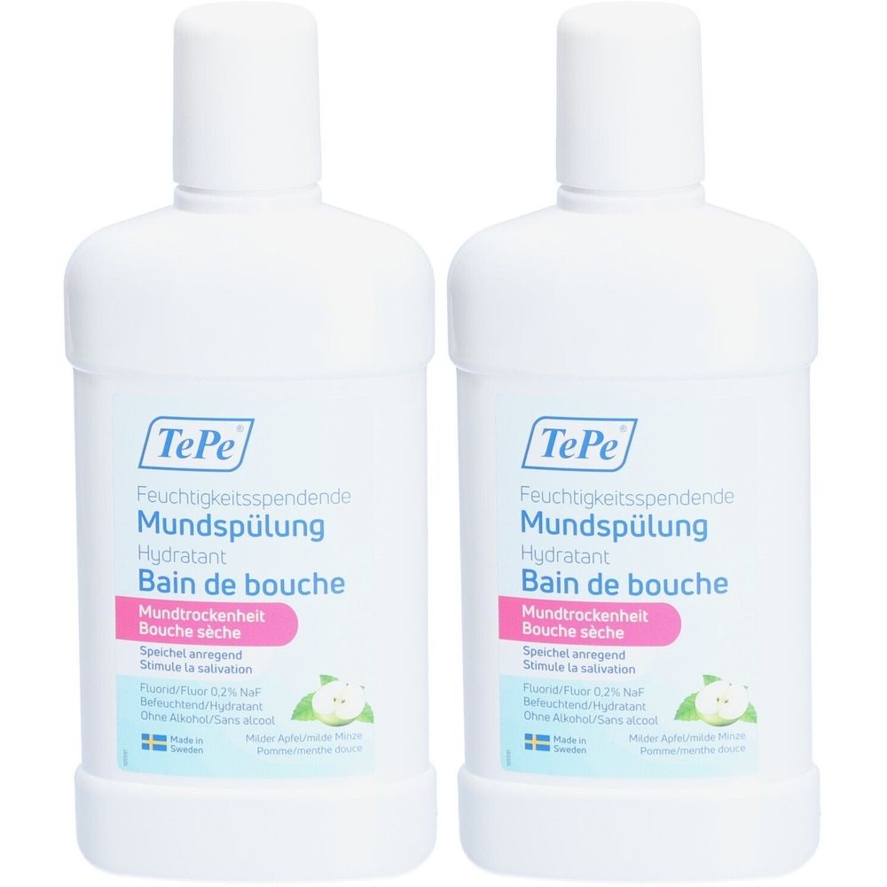 Zwei weiße Flaschen TePe Mundspülung. Aufschrift: Feuchtigkeitsspendende Mundspülung, Hydratant, Bain de bouche. Rosa Etikett: Mundtrockenheit.