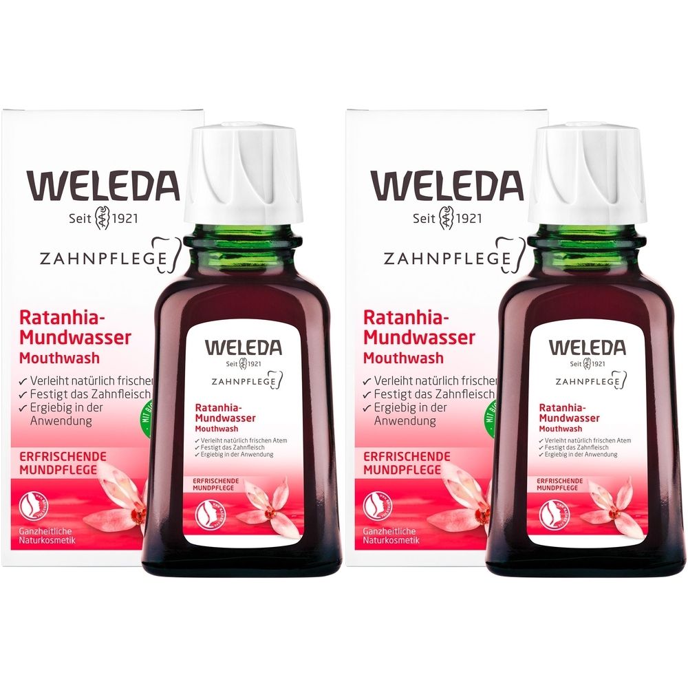 Zwei Flaschen Mundwasser mit Verpackung. Aufschrift: Weleda, Ratanhia-Mundwasser, Zahnfleischpflege. Flaschen mit grünem Hals und weißem Verschluss.