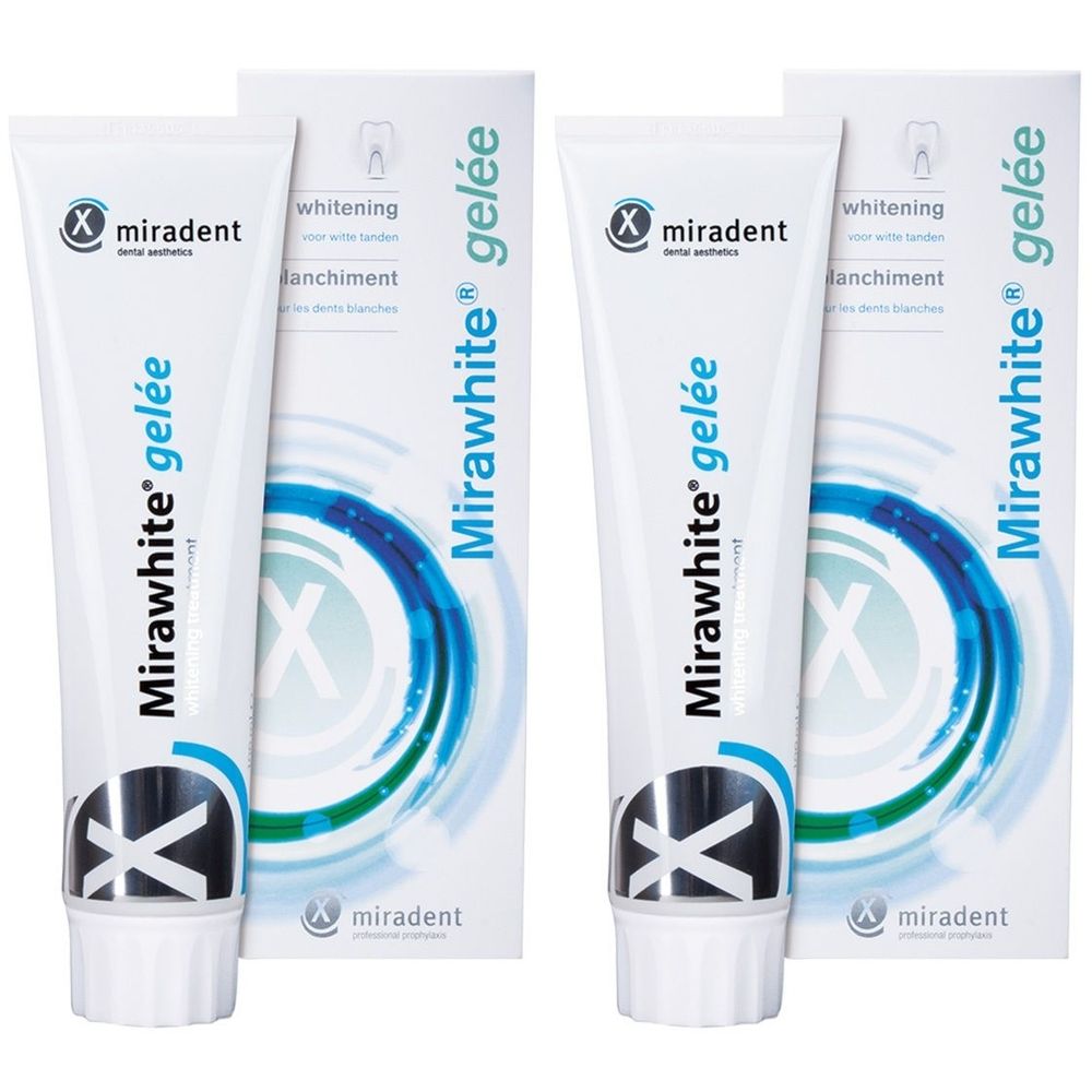 Zwei Tuben und Verpackungen. Auf den Tuben steht Mirawhite® gelée. Die Verpackungen zeigen das Logo und den Schriftzug Mirawhite® gelée.