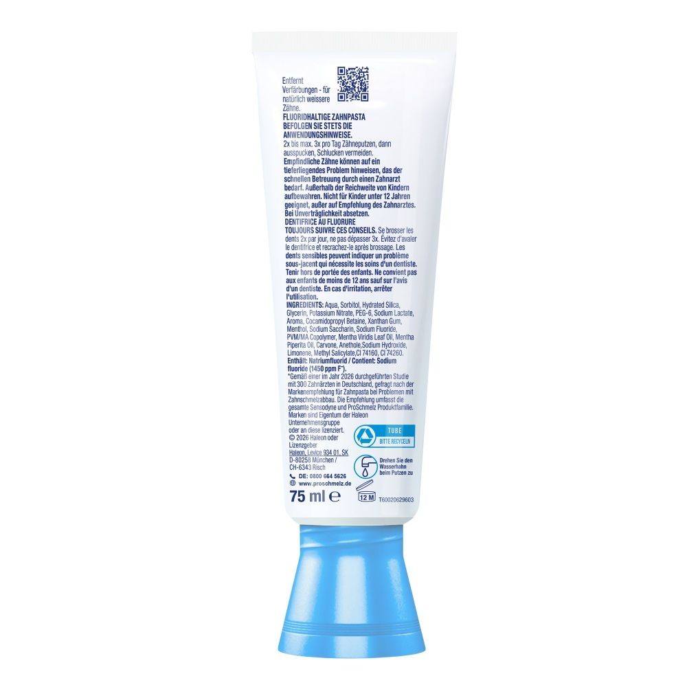 Rückseite einer Sensodyne Proschmelz Kids Zahnpasta Tube, 75 ml.