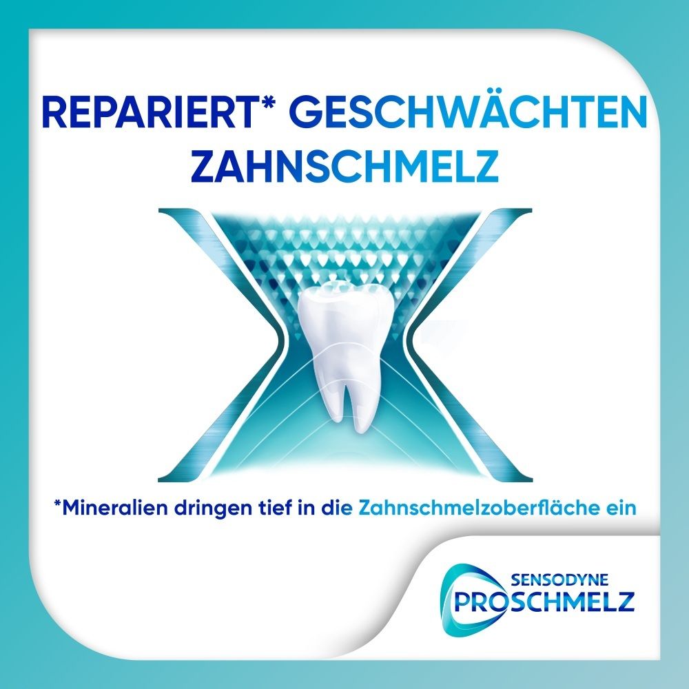 Sensodyne ProSchmelz repariert geschwächten Zahnschmelz mit Mineralien.