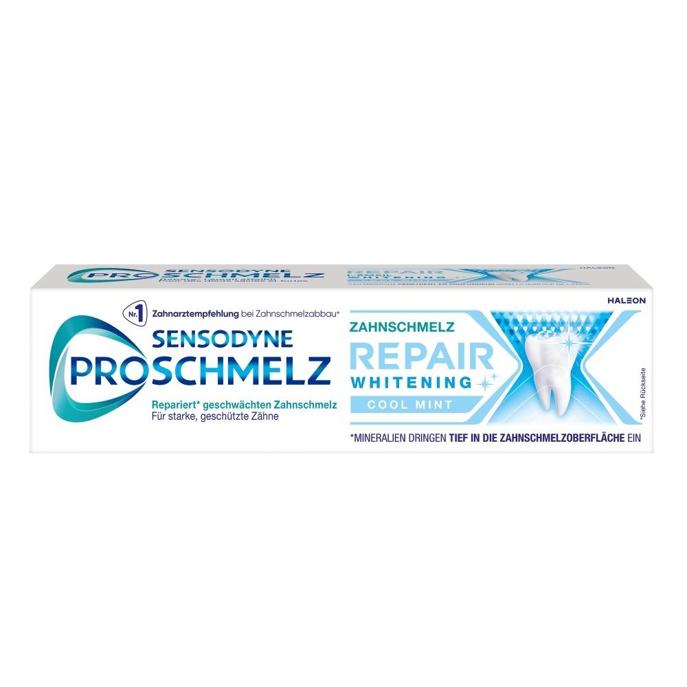 Verpackung Sensodyne ProSchmelz Sanft Weiss mit Darstellungen zur Wirkung.