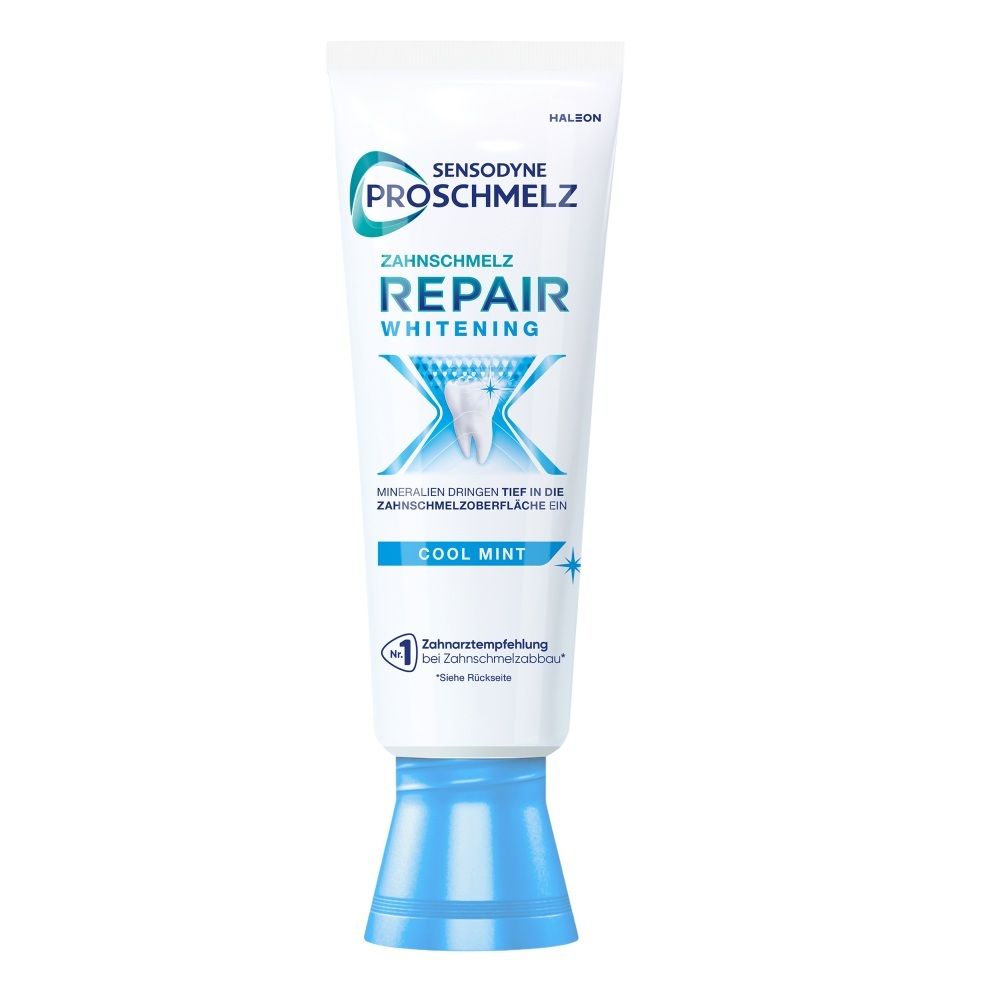 Sensodyne ProSchmelz Repair Whitening Zahnpasta-Tube, "Cool Mint". "Mineralien dringen tief in die Zahnschmelzoberfläche ein".