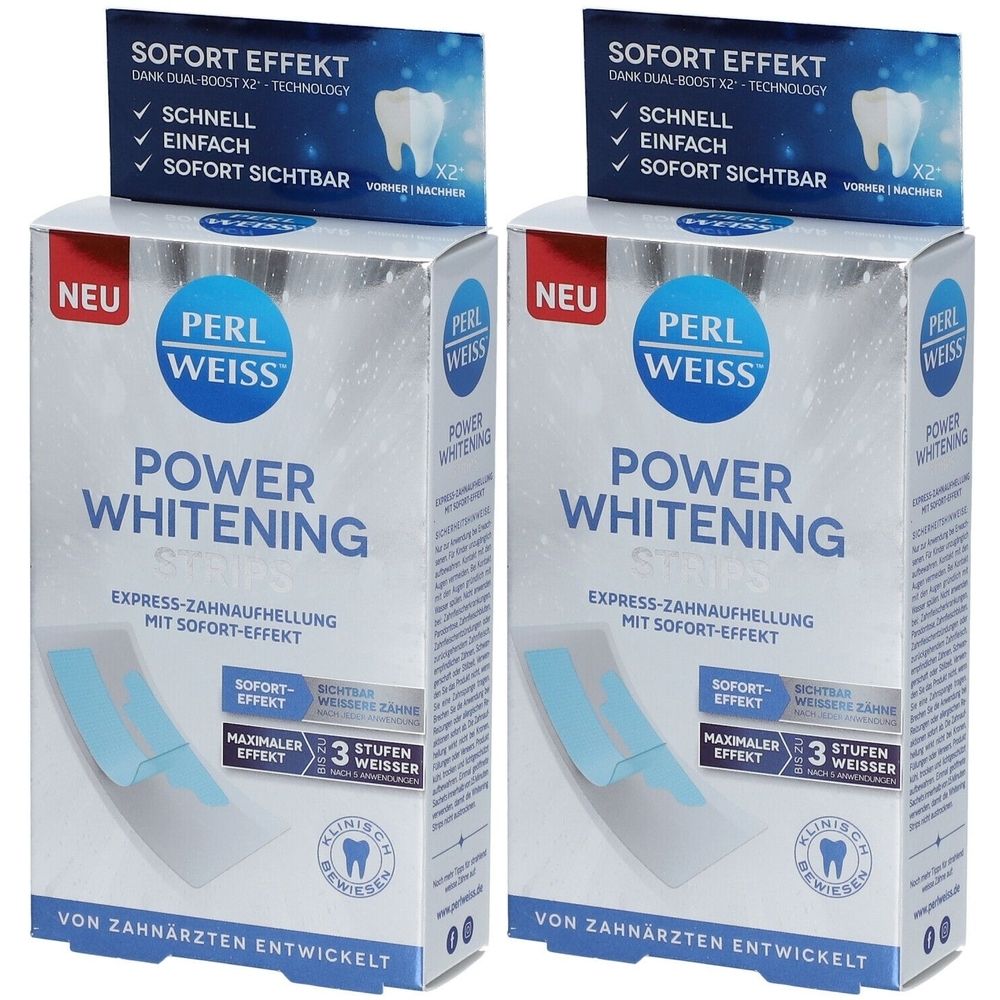 Zwei Schachteln PERLWEISS Power Whitening Strips. Aufdrucke: SOFORT EFFEKT, POWER WHITENING, EXPRESS-ZAHNAUFHELLUNG. Mit Zahnarzt-Logo.