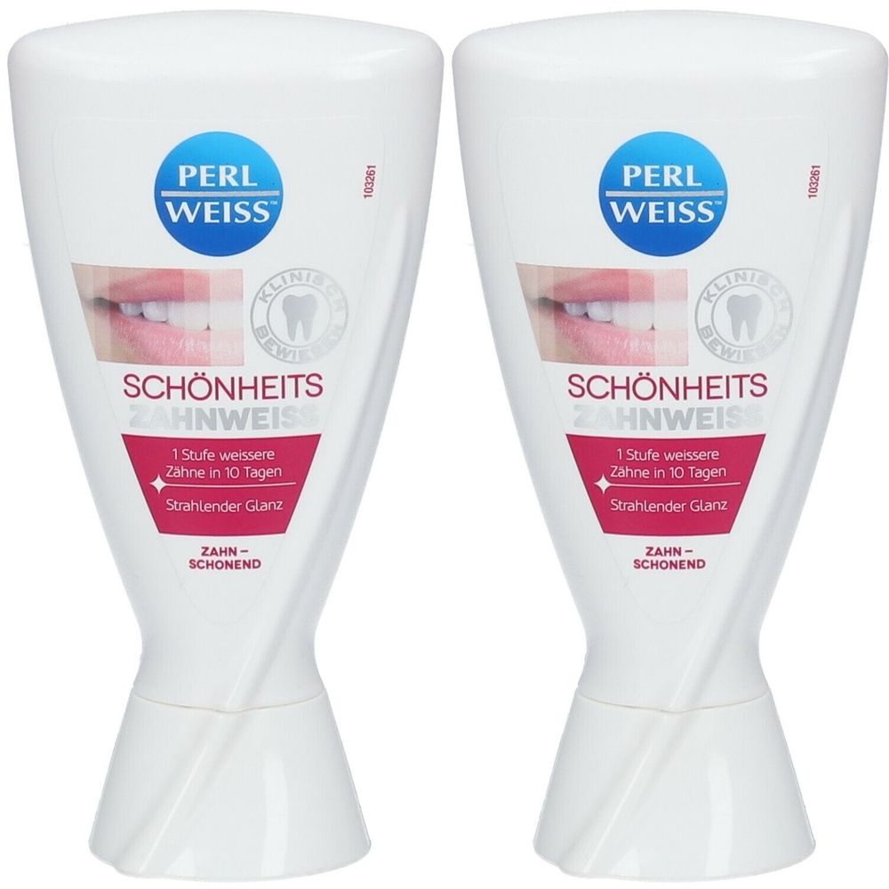 Zwei weiße Flaschen mit dem Logo PERL WEISS. Aufschrift: SCHÖNHEITS ZAHNWEISS, 1 Stufe weißere Zähne in 10 Tagen, Strahlender Glanz.