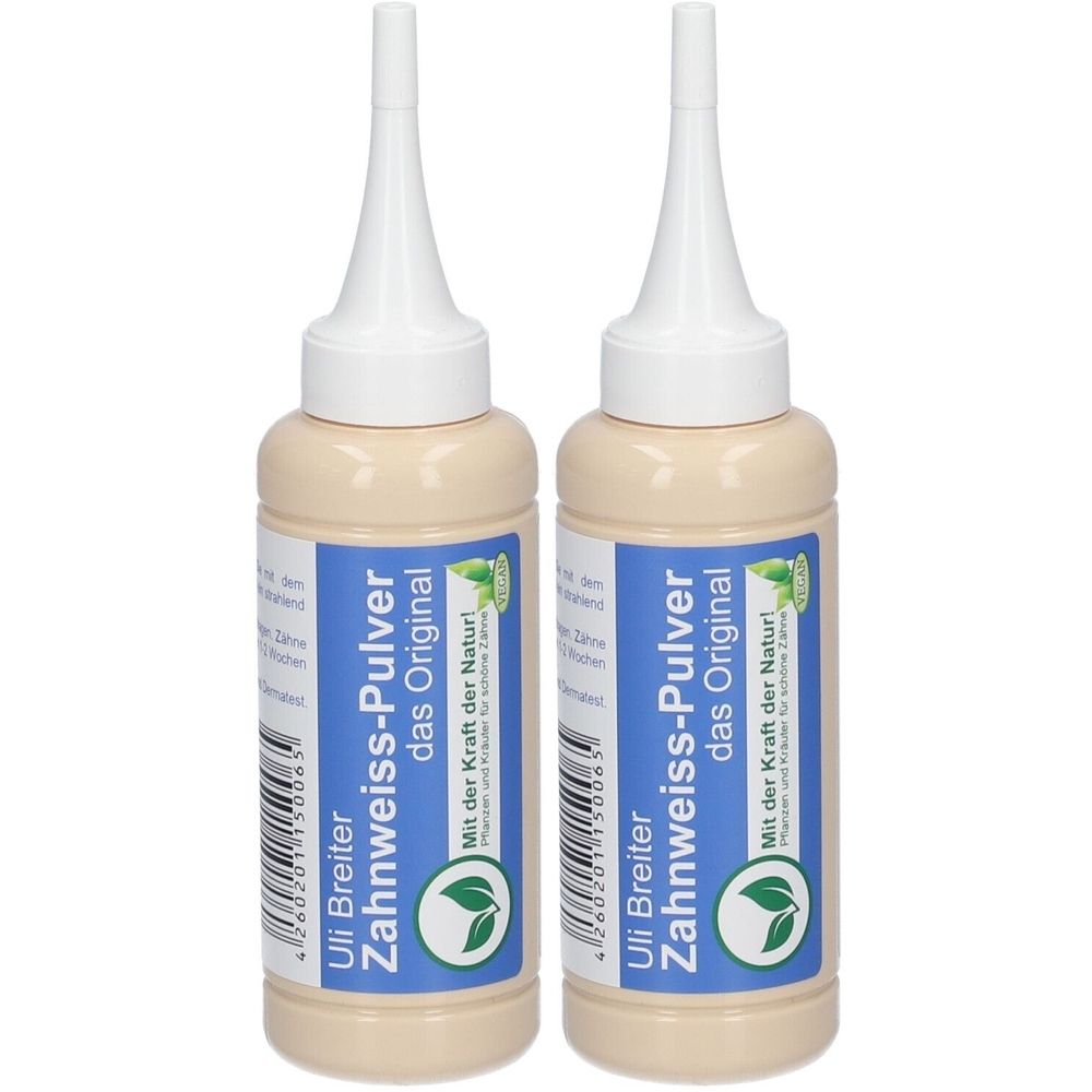 Zwei Flaschen mit Zahnweiss-Pulver. Beige Flaschen mit weißem Deckel und Aufschrift. „Uli Breiter Zahnweiss-Pulver“.