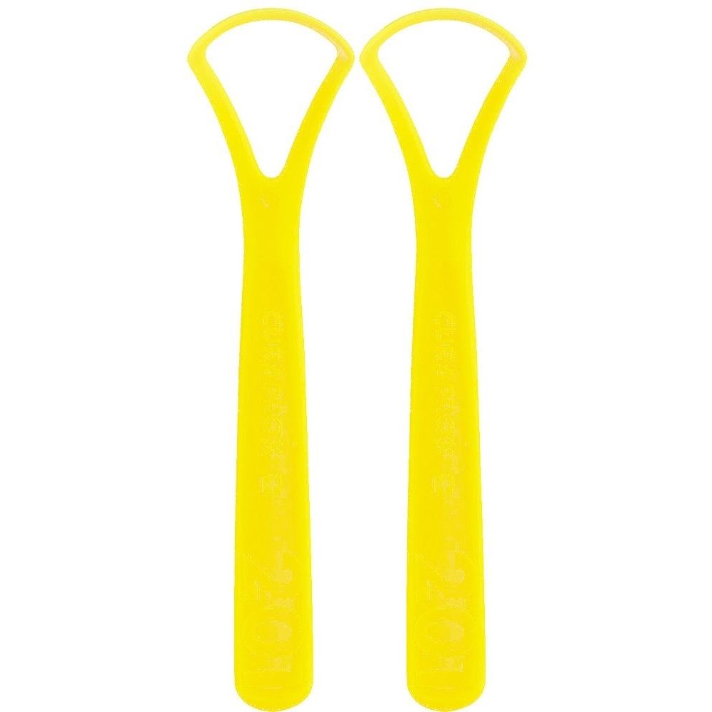 Zwei gelbe Zungenschaber. Jeder Schaber hat einen Griff und eine abgerundete Schabkante. Auf den Griffen ist Text zu sehen.
