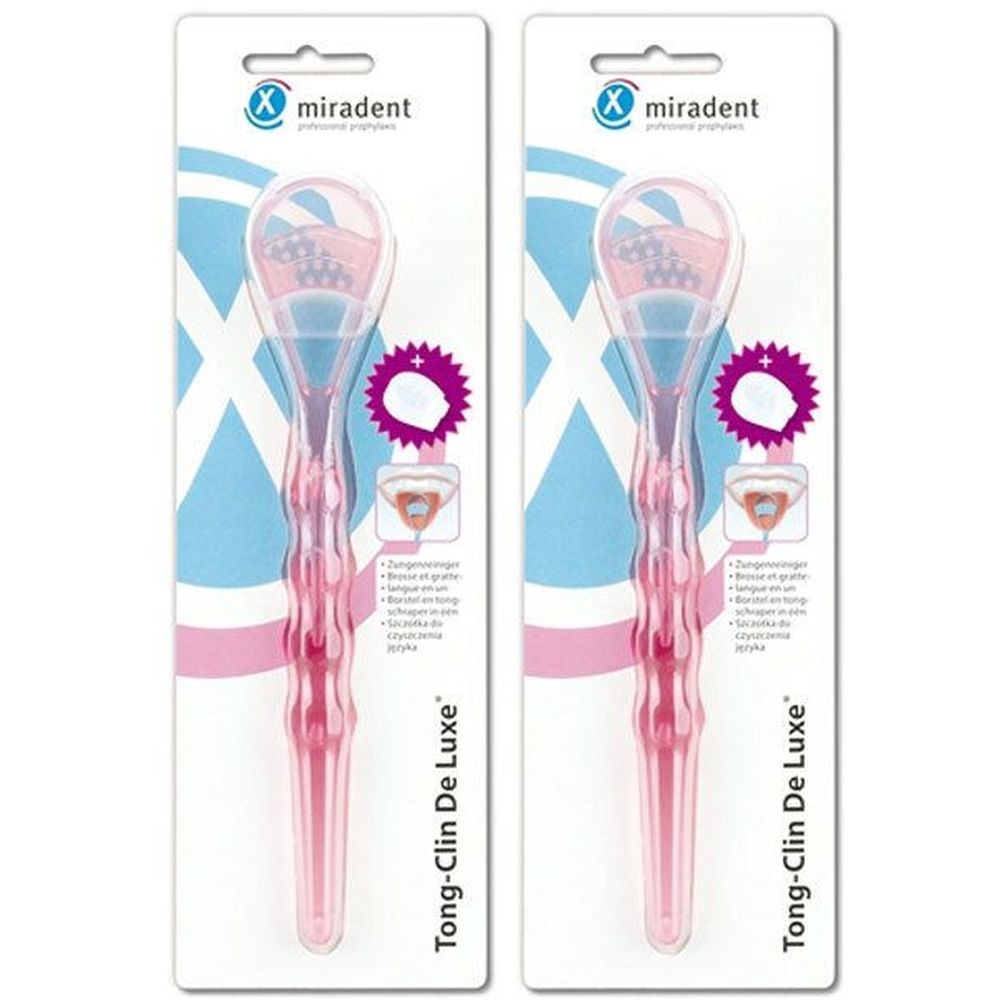 Zwei transparente, rosa Zungenreiniger in Verpackung. Marke miradent, Modell Tong-Clin De Luxe.