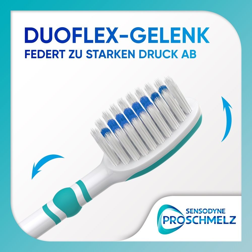 Zahnbürste mit weißem und blauem Bürstenkopf und weißem Griff mit türkisen Akzenten. "DUOFLEX-GELENK" steht für Federung bei starkem Druck.