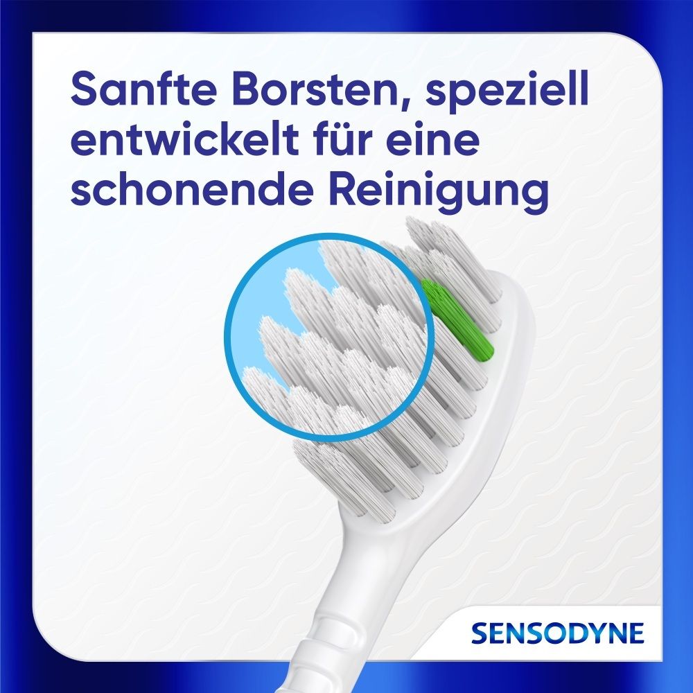 Zahnbürstenkopf mit sanften Borsten und Nahaufnahme der Borsten. Sensodyne.