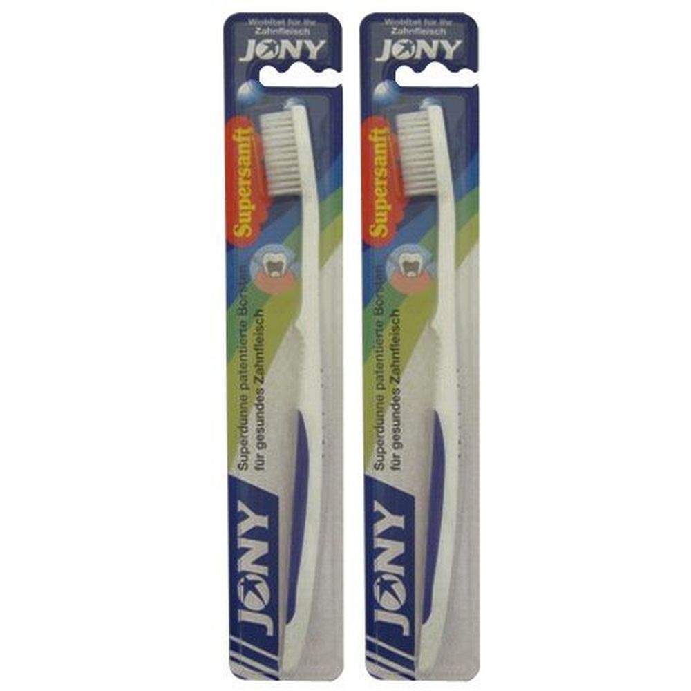 Zwei Zahnbürsten in Verpackung. Weiße Borsten, blauer Griff. Aufschrift: JONY, Supersanft, Superdünne Borste für gesundes Zahnfleisch.