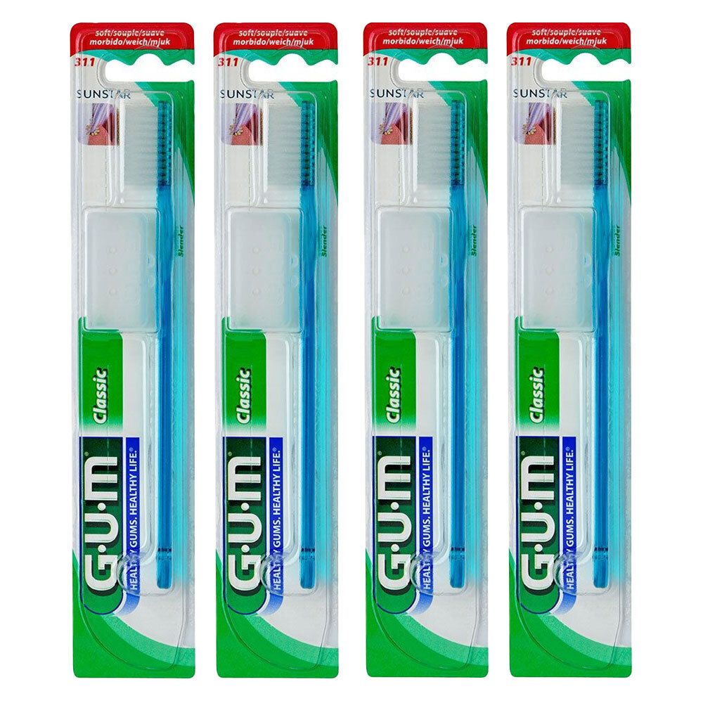 Vier Zahnbürsten in Einzelverpackung. Blaue Griffe, weiße Borsten. Marke GUM, Classic. Verpackung mit rotem Aufhänger.