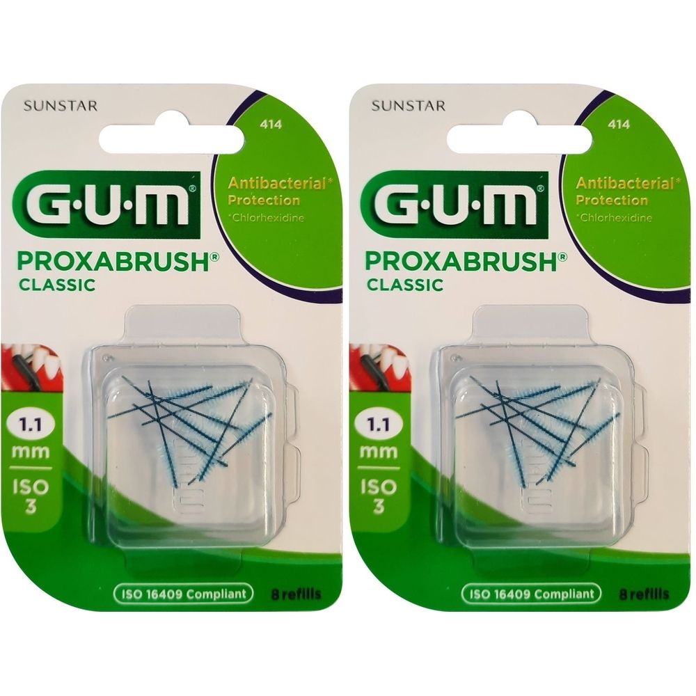 Zwei Packungen GUM Proxabrush Classic Ersatzbürsten. Jede Packung enthält 8 Refills. 1,1 mm, ISO 3. Antibakterieller Schutz.