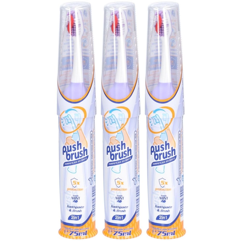 Drei PushBrush 2-in-1 Zahnbürsten. Jede Bürste hat einen transparenten Deckel. Auf der Verpackung steht "PushBrush", "2in1" und "75ml".