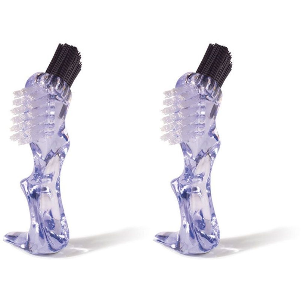 Zwei Ersatzbürsten mit transparentem Griff und schwarzen Borsten. Die Borsten sind an einem abgewinkelten Kopf angebracht.