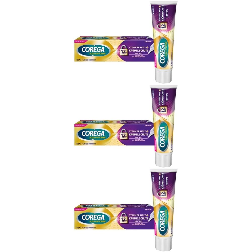 Drei Packungen und Tuben Corega Ultra Haftcreme. Auf den Packungen steht "Starker Halt + Krümelschutz". Die Tuben haben einen grünen Streifen.