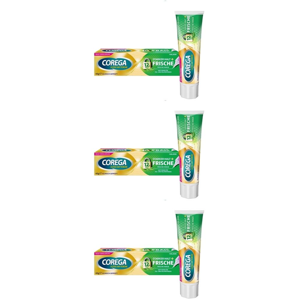 Drei Tuben und drei Schachteln Corega Ultra Haftcreme. Die Tuben sind grün-weiß, die Schachteln gelb-grün. Aufdrucke: Corega, Frische.