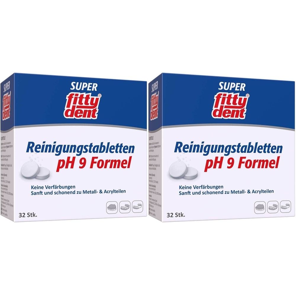 Zwei Schachteln mit Reinigungstabletten. Aufschrift: fitty dent, Reinigungstabletten pH 9 Formel. 32 Stück. Keine Verfärbungen.