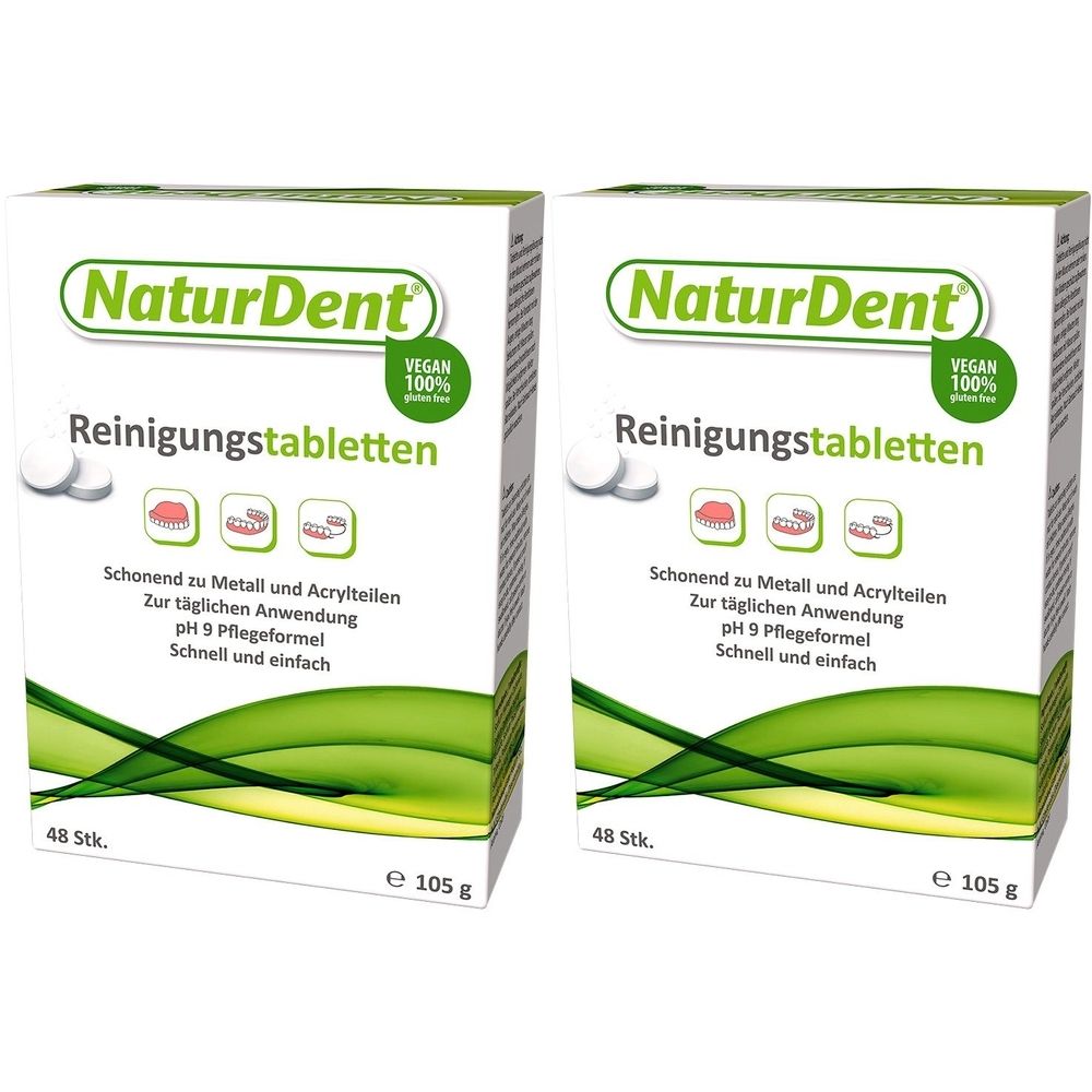 Zwei Schachteln NaturDent Reinigungstabletten. Aufschrift: Vegan, 100%. Enthält 48 Tabletten. Für Zahnersatz. pH 9 Pflegeformel.