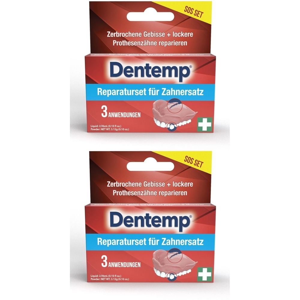 Zwei Packungen Dentemp Zahnersatzreparaturset. Rote Verpackung mit Produktnamen und Anwendungsbeispiel. SOS-Set.