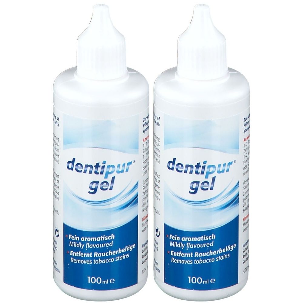 Zwei weiße Flaschen mit dem Aufdruck "dentipur gel". Text: "Fein aromatisch", "Entfernt Raucherbeläge", "100ml e".