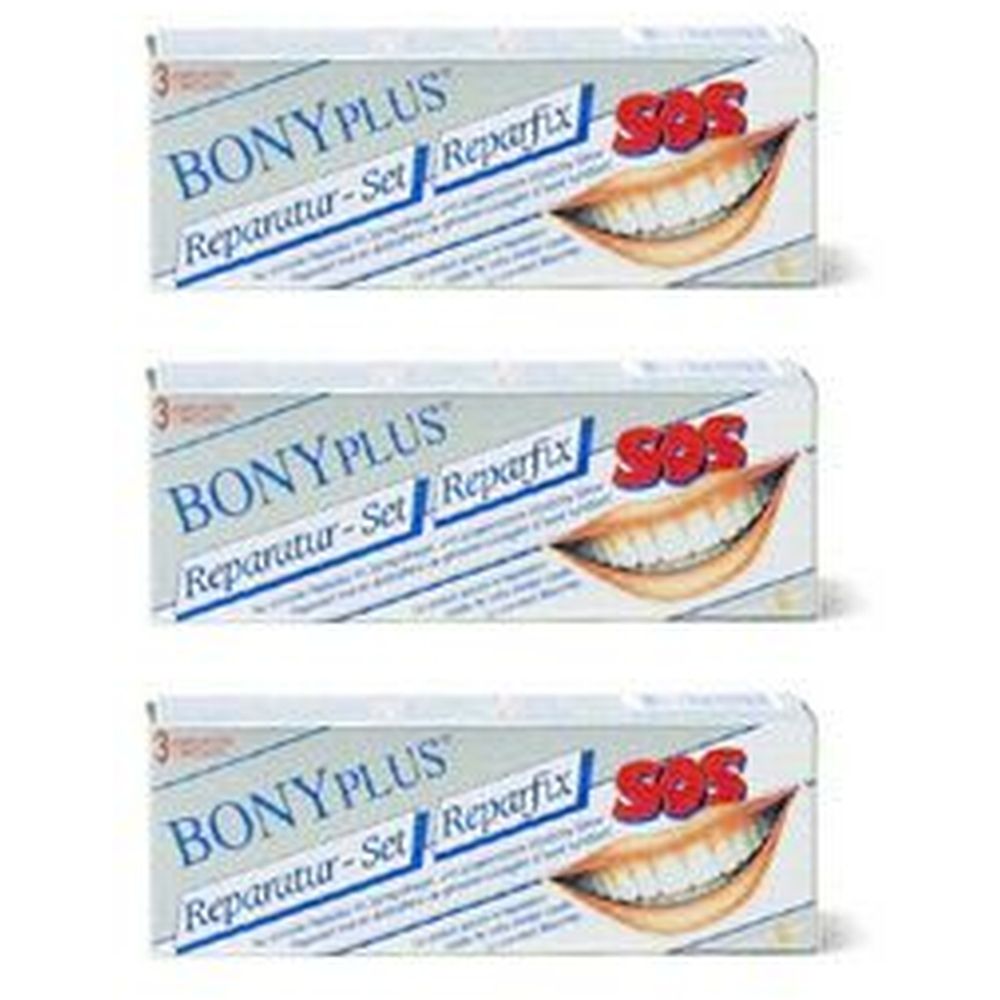 Drei Schachteln BONYPLUS Reparatur-Set. Aufschrift SOS und ein lächelnder Mund. Weiße Verpackung mit blauer und roter Schrift.