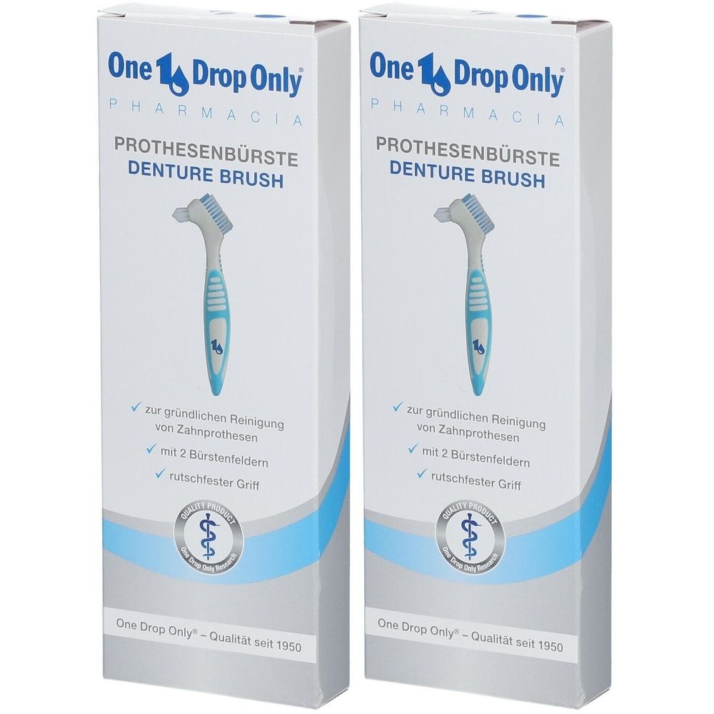 Zwei Schachteln mit Zahnbürsten. Aufschrift: PROTHESENBÜRSTE DENTURE BRUSH. Marke: One Drop Only. Mit 2 Bürstenfeldern.
