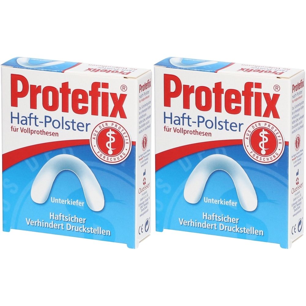 Zwei Packungen Protefix Haft-Polster für Unterkieferzahnprothesen. Blaue und weiße Verpackung mit Produktnamen und Logo. Enthält Haftpolster.