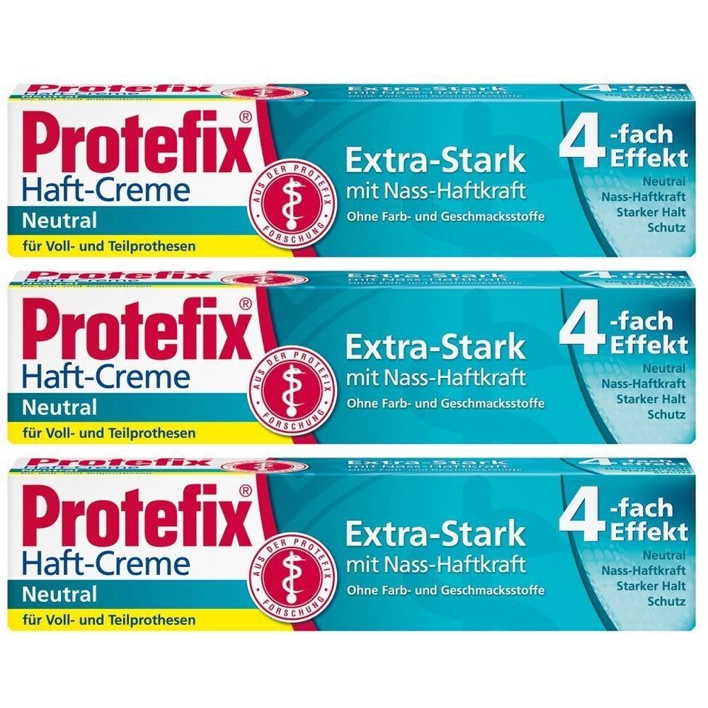 Drei Schachteln Protefix Haft-Creme Neutral. Aufschrift: Extra-Stark mit Nass-Haftkraft, 4-fach Effekt. Für Voll- und Teilprothesen.
