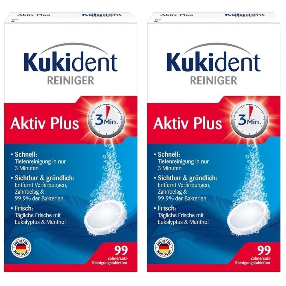Zwei Packungen Kukident Aktiv Plus Gebissreiniger Tabs. Blaue und rote Verpackung mit Produktnamen und 99 Tabletten.