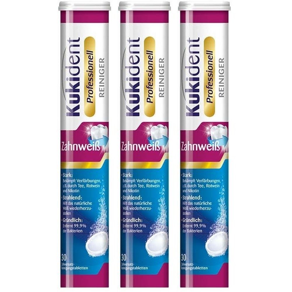 Drei Tuben Kukident Professionell Zahnweiß Gebissreiniger Tabs. Weiße Tabletten, lila-weiß Verpackung, Schriftzug.
