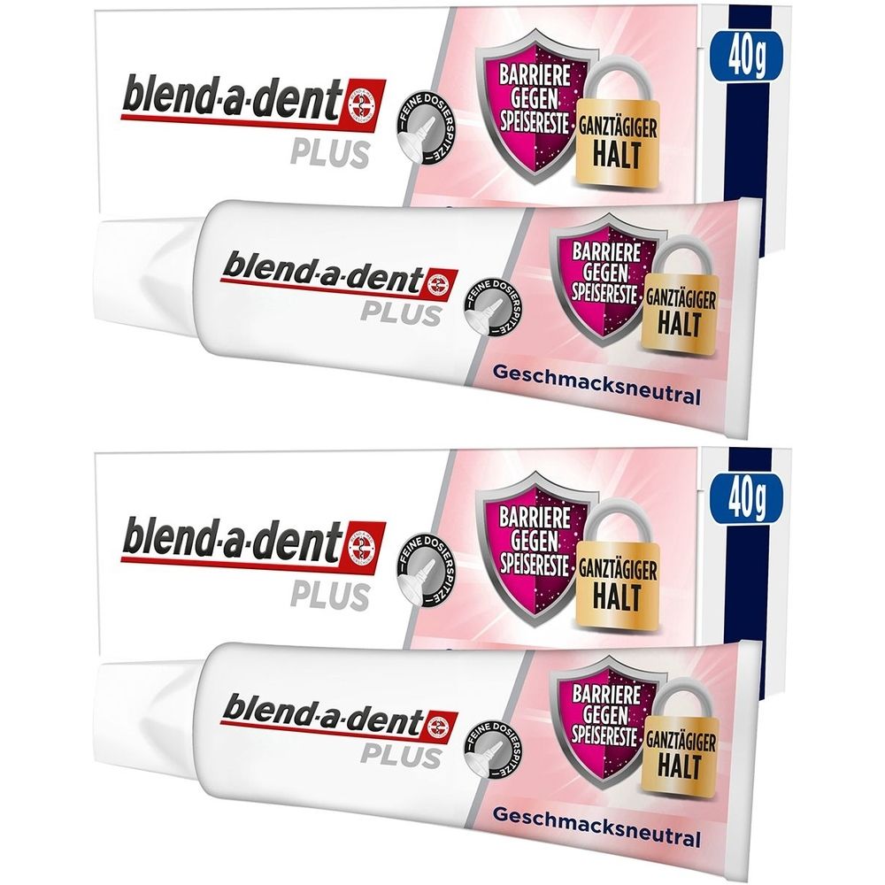Zwei Tuben Blend-a-dent Plus Haftcreme. Aufschrift: Barriere gegen Speisereste, Ganztägiger Halt. 40g. Geschmackneutral.