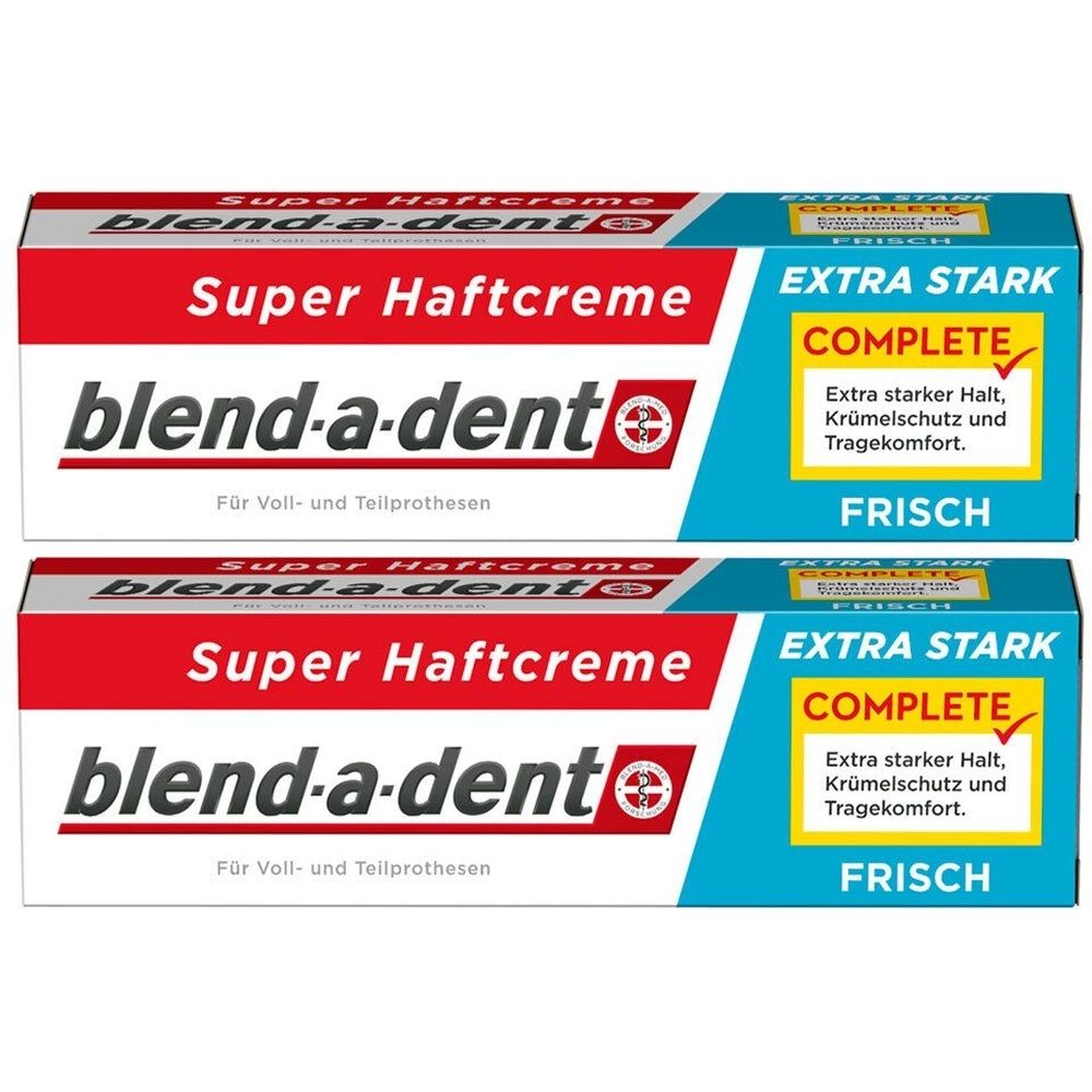 Zwei Packungen Haftcreme. Aufschrift: blend-a-dent Super Haftcreme, EXTRA STARK, COMPLETE, FRISCH. Für Voll- und Teilprothesen.