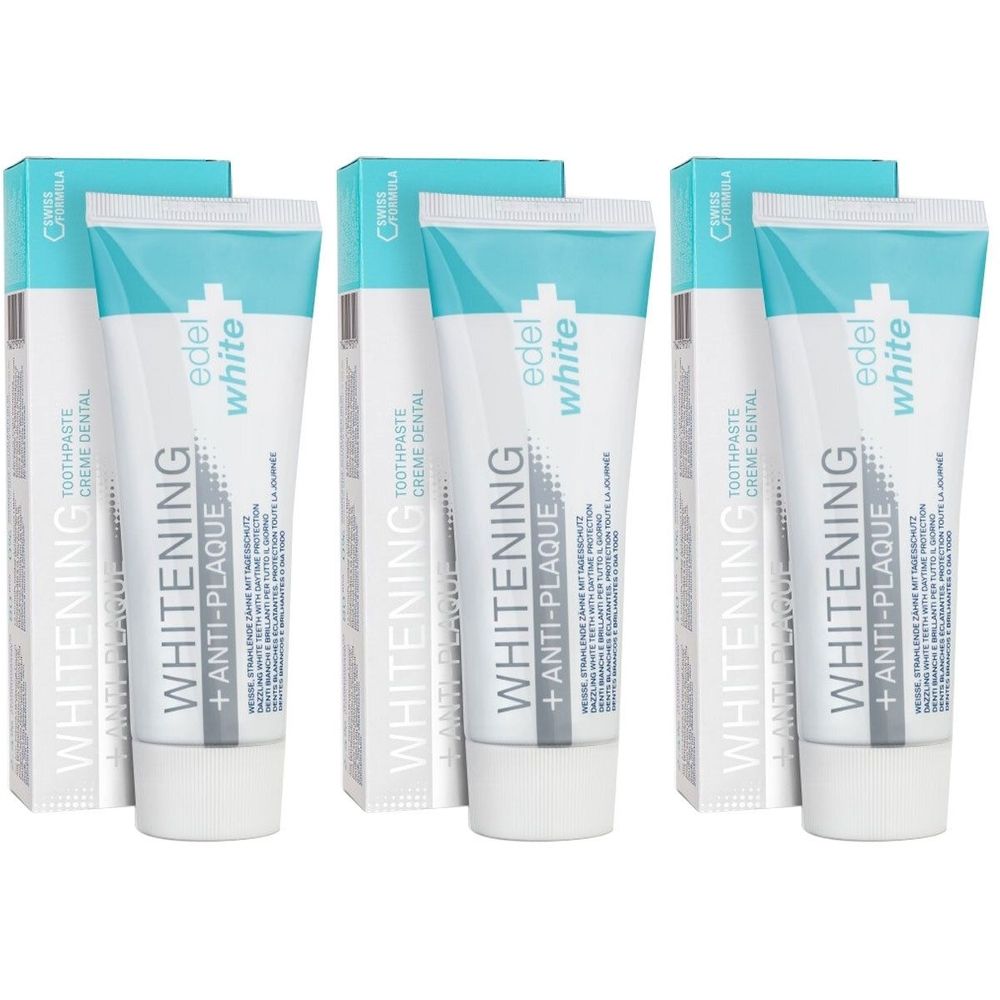 Zahnpasta-Tuben und -Schachteln. Aufschrift: Whitening + Anti-Plaque. Marke: edel white. Türkis-weiße Farbgebung.