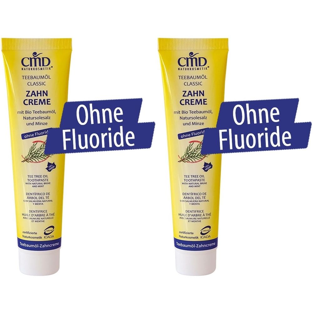 Zwei gelbe Zahnpasta-Tuben mit Aufschrift "CMD Teebaumöl Zahncreme". Blaue Banner mit "Ohne Fluoride".