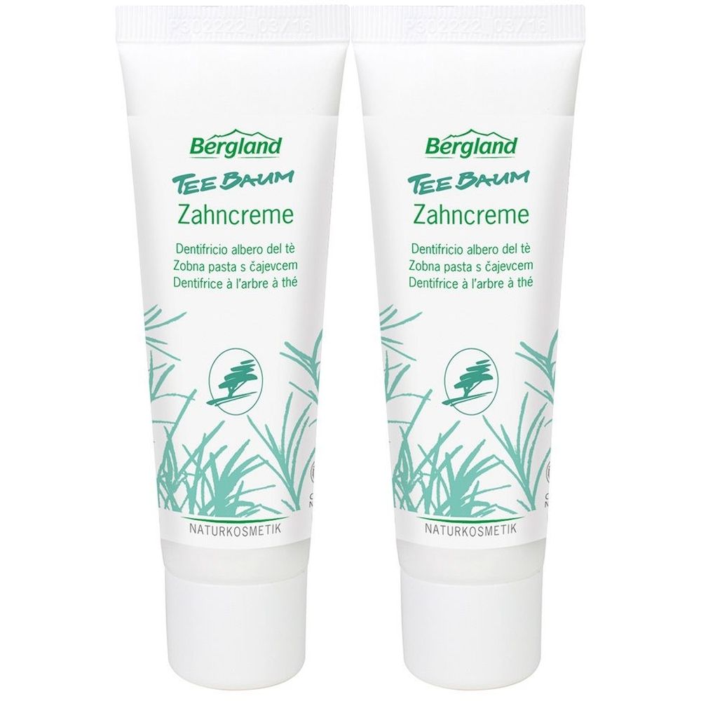 Zwei Tuben Zahncreme. Aufschrift: Bergland Tee Baum Zahncreme. Naturkosmetik-Siegel. Grün-weiße Verpackung.