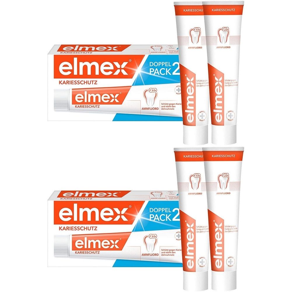 Zahnpasta-Packung und Tuben. Aufschrift: elmex Kariesschutz. Doppelpackung mit zwei Tuben. Weiße Tuben mit roter Schrift und Zahn-Symbol.