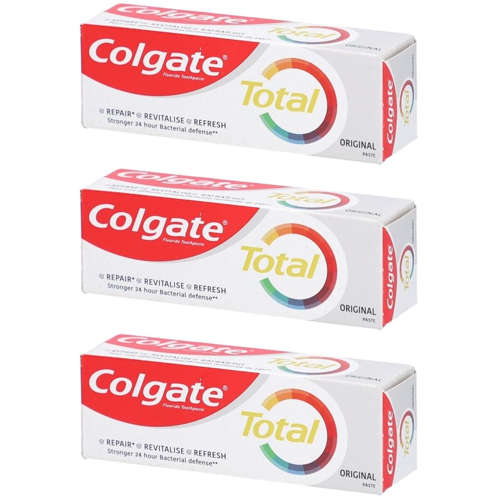 Drei Zahnpasta-Verpackungen. Aufschrift: Colgate Total Original. Rote und weiße Verpackung mit Logo und Produktbezeichnung.