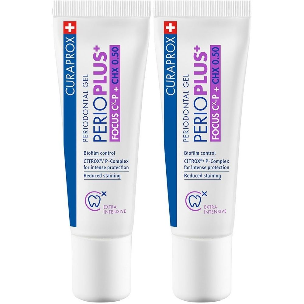 Zwei Tuben Curaprox Perioplus Focus Gel. Weiß, mit blauer und roter Schrift. Enthält CHX 0.50. Aufschrift: Extra Intensiv.