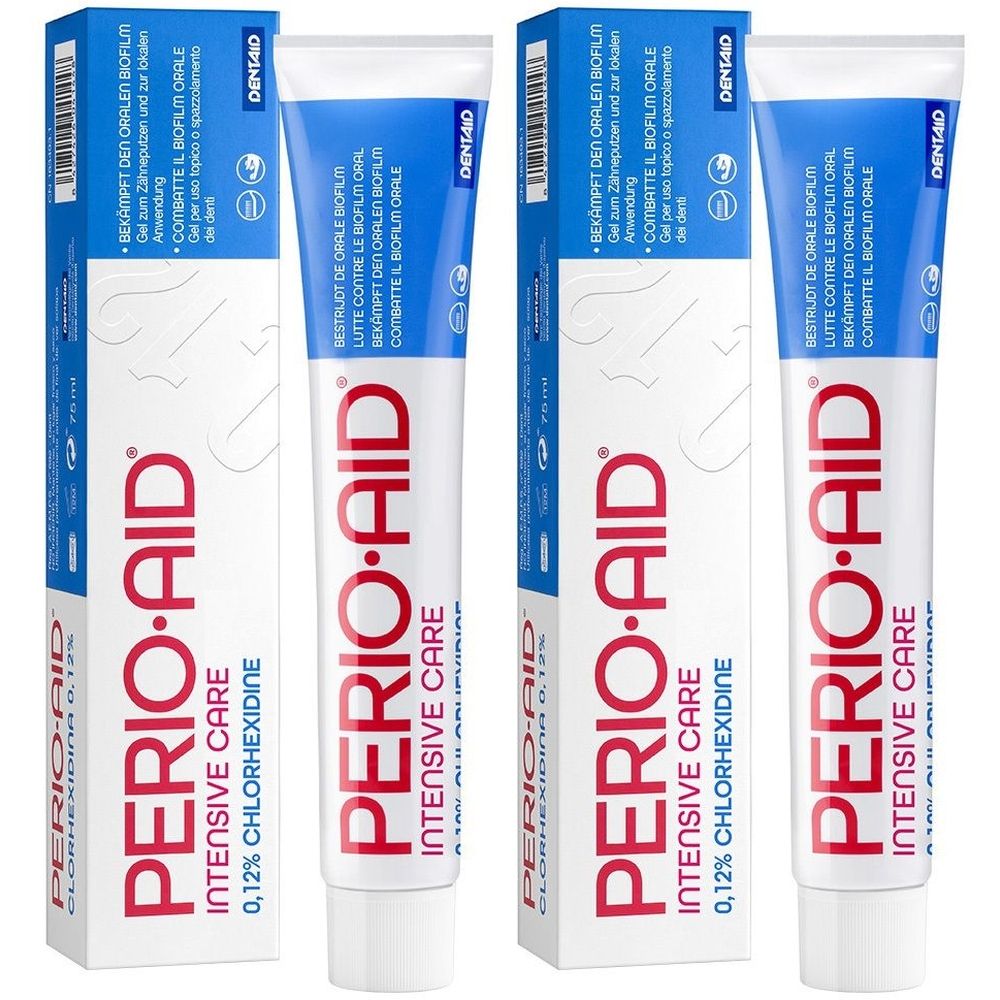Zahnpflegegel in Tube und Karton. Aufschrift: PERIO-AID Intensive Care, 0,12% Chlorhexidin. Blaue und rote Schrift.