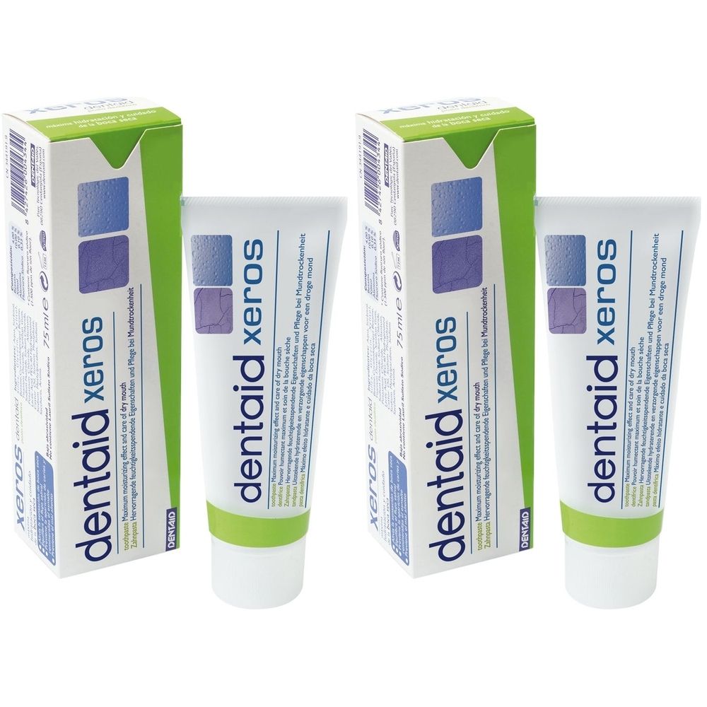 Zwei Tuben und Schachteln. Auf den Tuben steht "dentaid xeros". Die Schachteln sind weiß, grün und blau. Aufschrift: "75 ml".