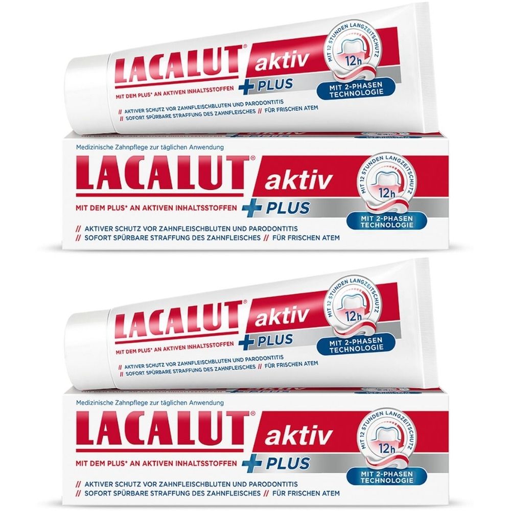 Zahnpasta-Tuben und -Schachteln. Aufschrift: LACALUT aktiv plus. Rote und weiße Verpackung. 12h Langzeitschutz. Mit 2-Phasen Technologie.