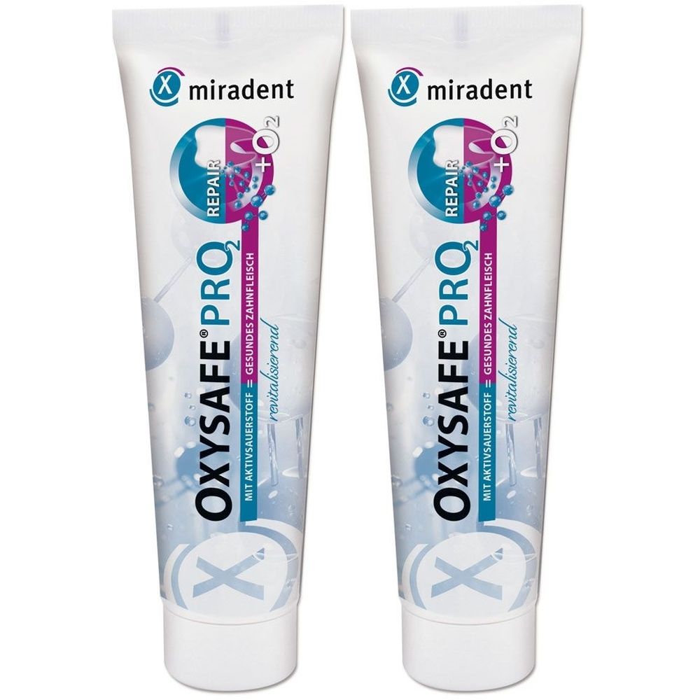 Zwei Tuben miradent OXYSAFE PRO² Zahncreme. Weiß, mit blauen und violetten Elementen. Schriftzug: MIT AKTIVSAUERSTOFF.