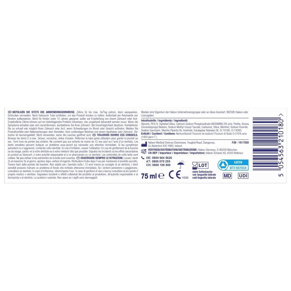 Sensodyne Lindert Zahnpasta Packung mit Zahnabbildung und lila Strahleneffekt.