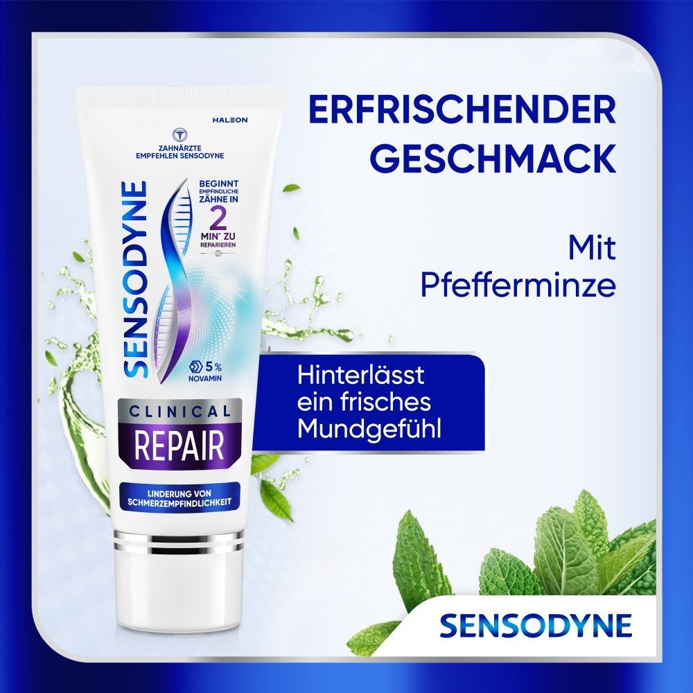 Sensodyne Clinical Repair Zahnpasta-Tube mit Pfefferminz-Motiv und Text.