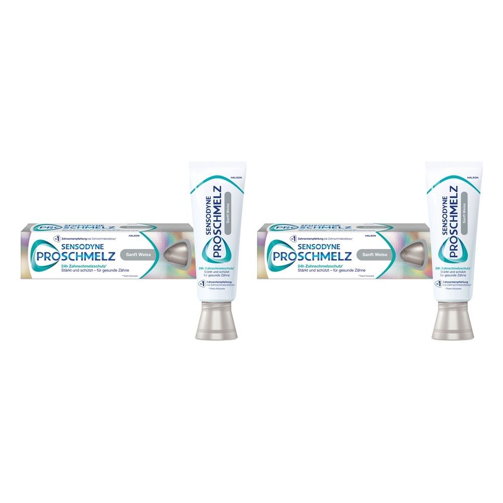 Zwei Tuben und Schachteln Sensodyne ProSchmelz Zahnpasta. 24h Schutz für gesunde Zähne.