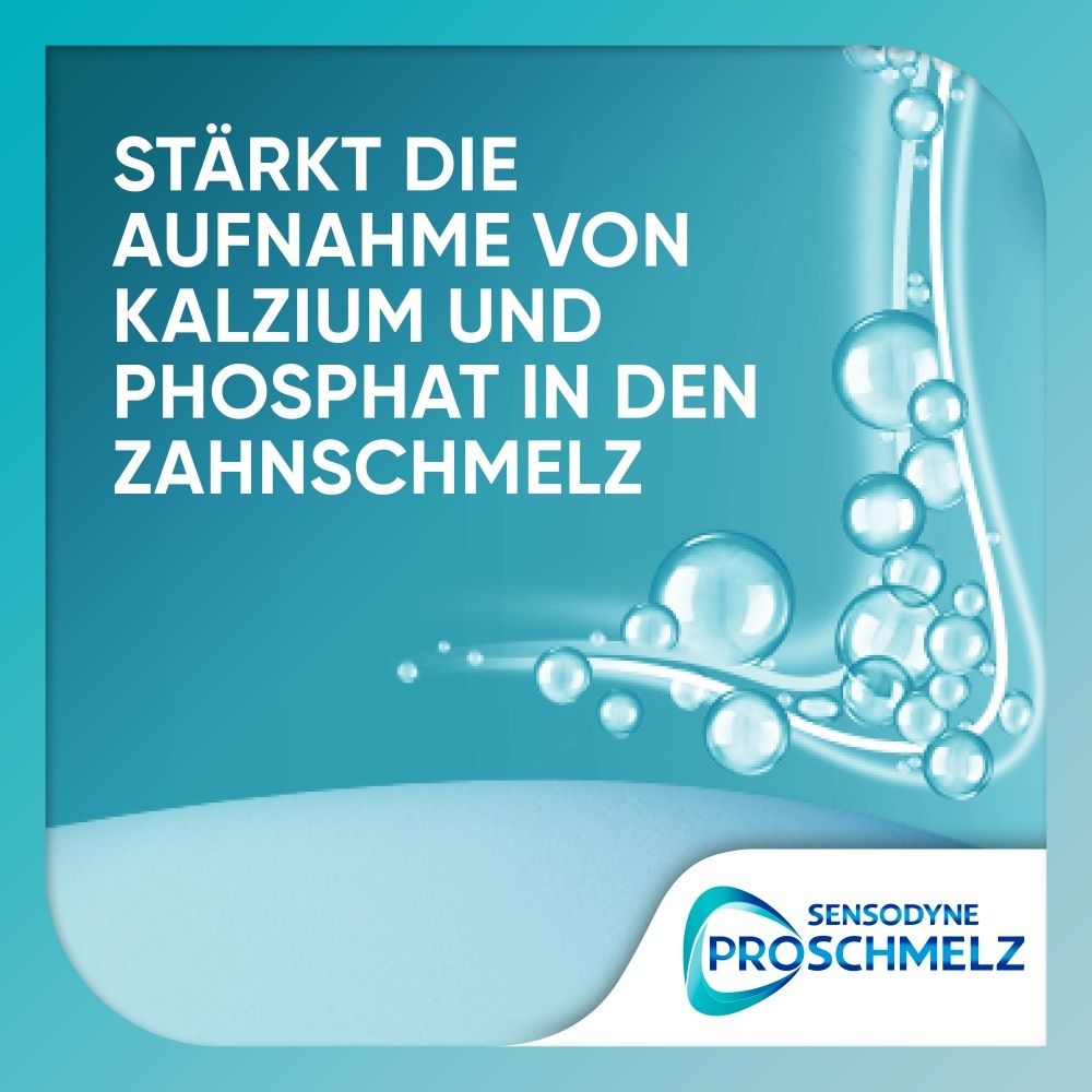 Zahncreme-Verpackung mit Blasen und Text "Stärkt die Aufnahme von Kalzium und Phosphat in den Zahnschmelz".